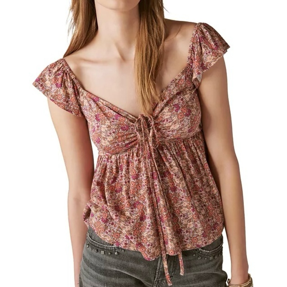 LUCKY BRAND Floral Print Smocked Peplum Baby Doll Top in Fawn Multi XXL NEW NWT